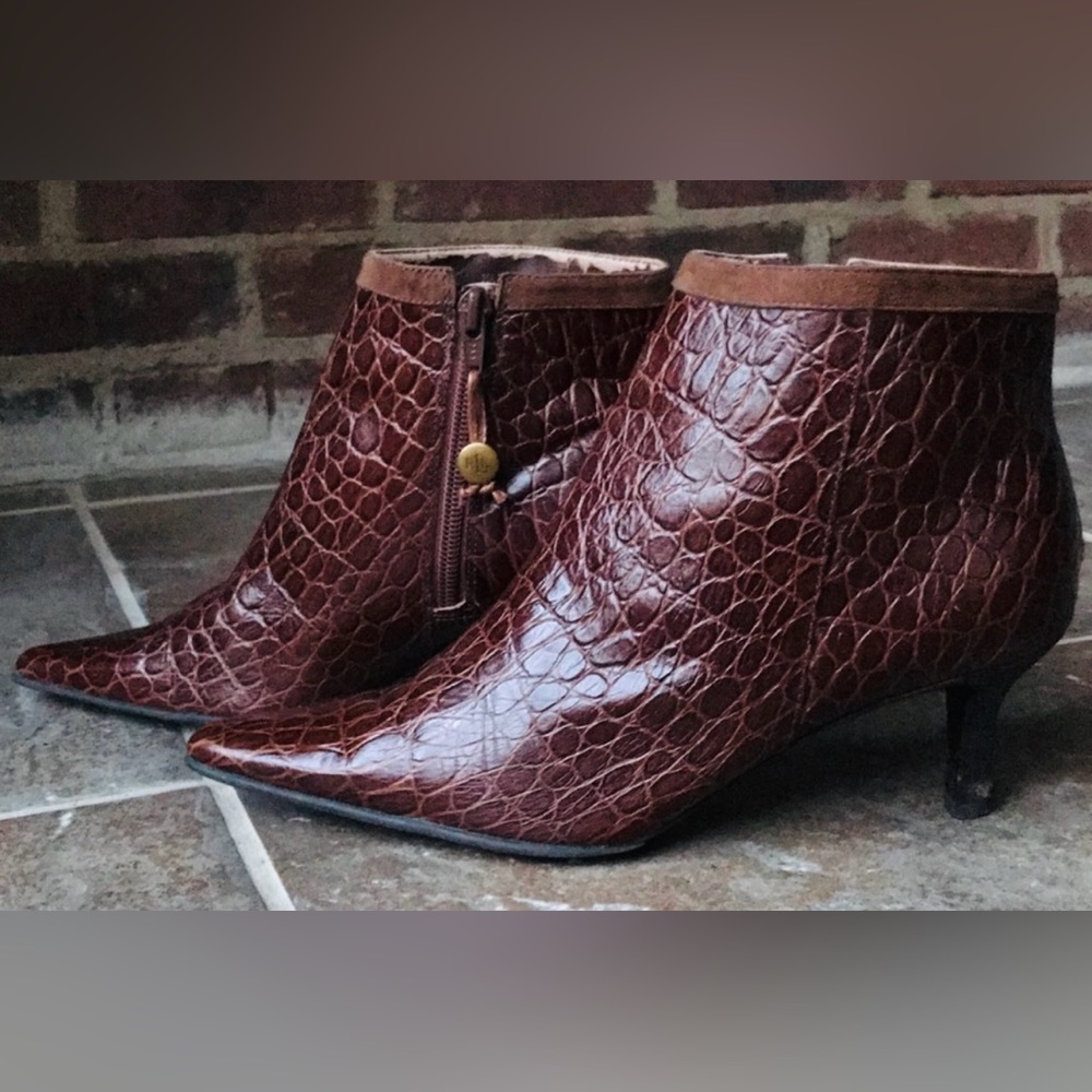 Ralph Lauren Brown Crocodile Leather Ankle Heel Boots Bootie Size 6.5 Amazing